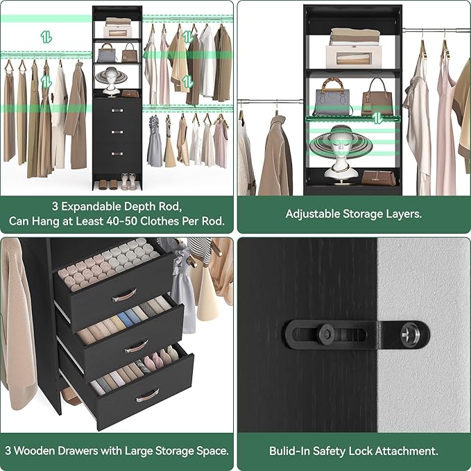 Besiost 96'' Closet Organizer System with 3 Hanging Rods, 8FT Closet Organizers and Storage with 3 Wooden Drawers, Built in Closet Organizer Systems, Adjustable Walk-in Wardrobe from 5-8FT, Black