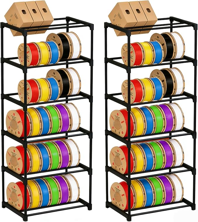 Two 6-Tier 3D Printer Filament Storage Rack, Heavy Duty Metal Spool Holder Holds 72×1kg, Tool-Free Assembly, Modular Design for Home Office Workshop