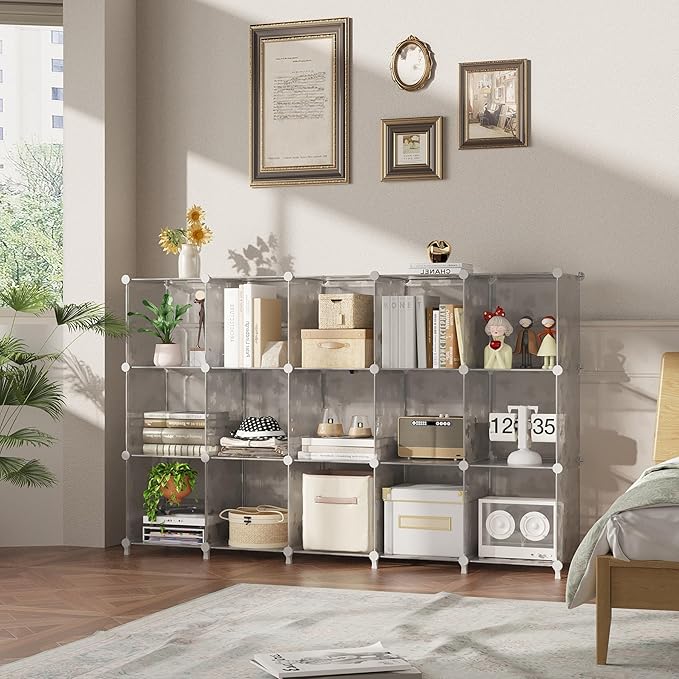 UNKU Cube Storage Organizer, 16 Cube Closet Organizer Storage Shelves, DIY Stackable Bookcase, Clothes Organizer Shelf for Closet, Bedroom, Living Room, Cabinet, Home, Office, Translucent