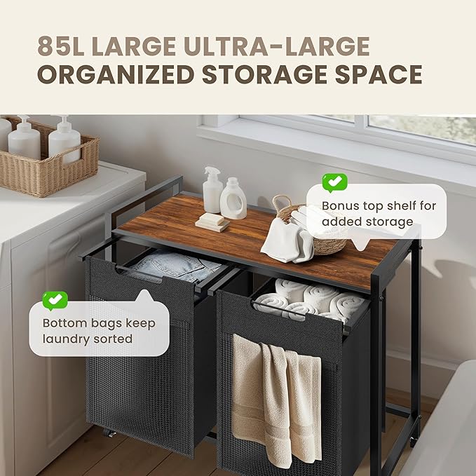 Simple Deluxe Laundry Hamper with Shelf & 2 Pull-Out Bags, 2×11.2 Gal (85L) Rolling Sorter Cart, Heavy-Duty Organizer for Bathroom, Bedroom, Dorm, Rustic Brown and Black
