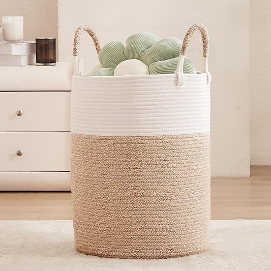 60L Laundry Hamper Basket Tall Woven Cotton Rope Clothes Hamper for Baby Girls Nursery Kids Blanket Basket in Living Room Bathroom Bedroom Brown 15Dx20H Inches Large