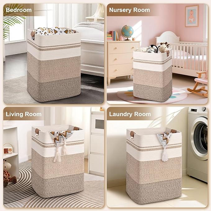Laundry Hamper, 85L Tall Laundry Basket with Leather Handles, Rectangle Large Clothes Hamper for Organizing, Cotton Woven Laundry Baskets Storage Hampers for Bedroom, Nursery, Living Room
