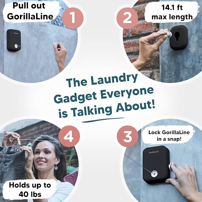 GorillaLine - Retractable Clothesline Indoor Outdoor Clothes Line - Heavy Duty Clothes Drying Laundry Line - Wall Mounted Drying Rack - Air Dry Clothing