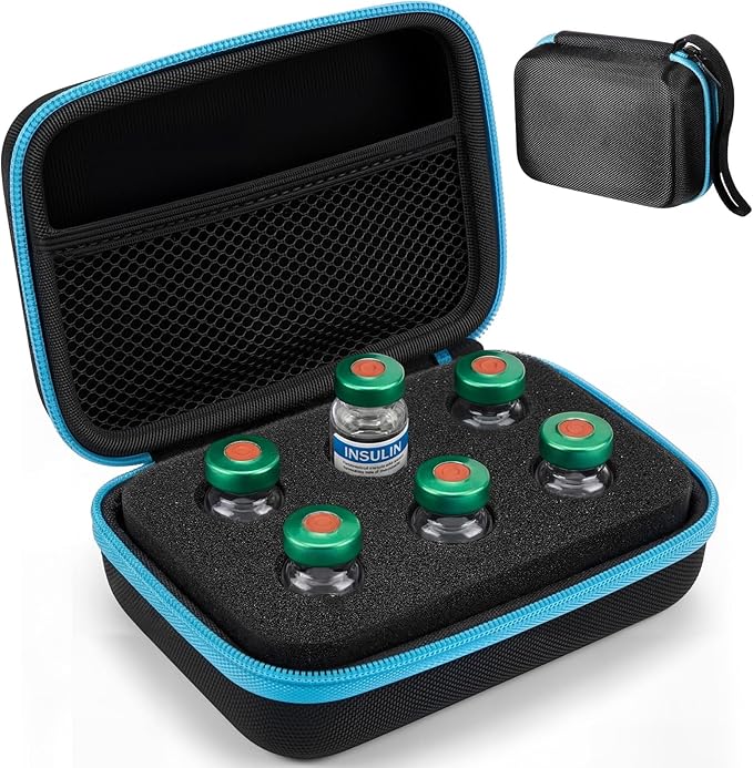 Teenyyou 6 Slots Insulin Peptide Fridge Carrying Case Vial Holder Storage Protector Bag, Fits Standard 10ml Vials, Insulin Cooler Travel Kits Case Diabetes Protector(Black, Blue Zipper)