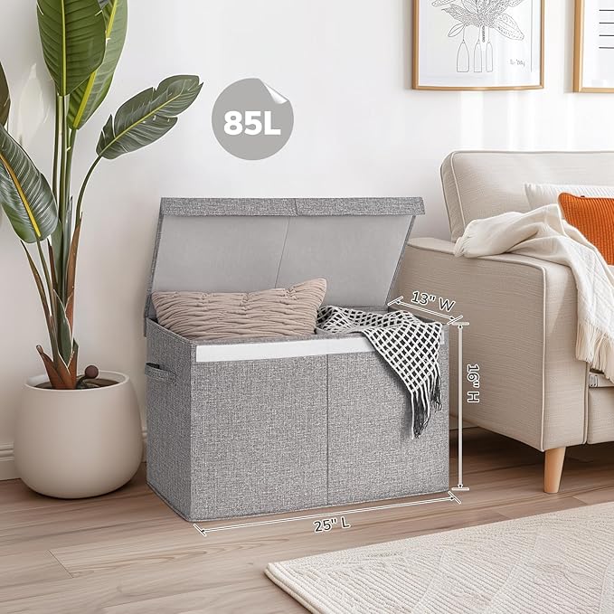 INDRESSME 25"x13"x16" Large Toy Storage Box with Lid, Toy Storage Organizer Toy Basket with Dividers for Playroom, Bedroom, Closet, Toy Bin for Kids Baby Boys Girls (Grey)