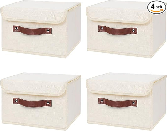 ANMINY 4PCS Storage Bins with Lid PU Leather Handles Storage Boxes PP Plastic Board Decorative Foldable Lidded Cotton Linen Fabric Home Cubes Baskets Closet Organizer Containers - Beige, Small Size