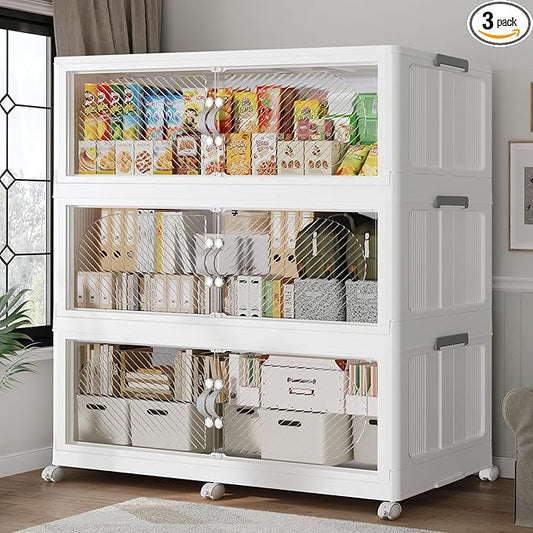 180Gal/720QT 3-Tiers Extra Large Stackable Storage Bins with Lid, Collapsible Cabinet Closet Organizer Plastic Container Box with Wheels Doors Drawers for Office Dorm Kitchen Office, White