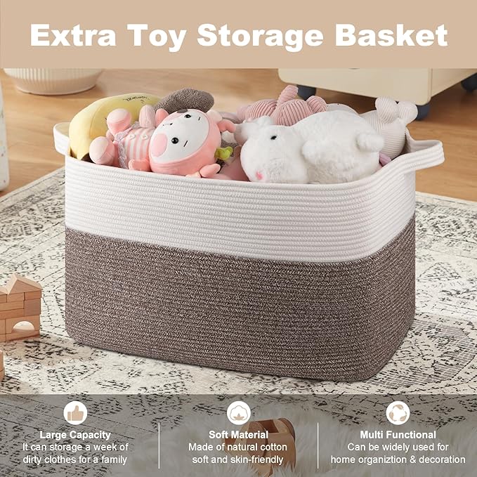 OIASKET XXXL Supre Large Blanket Basket for Clothes, Towels, Pillows, 108L Cotton Rope Storage Basket for Living Room, Supre Large Woven Toy Storage for Kids, 25" x 16" x 16", Dark Brown and White