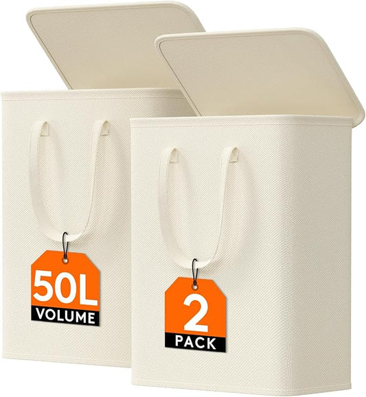 Lifewit 50L Slim Laundry Hamper, Small Laundry Basket with Lid, Dirty Narrow Collapsible Clothes Storage with Easy Carry Extended Handles, Tall Hampers for Bedroom Laundry Room, White, 2 Packs