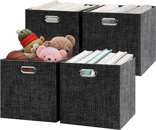 Posprica Fabric Storage Cubes,13×13×13 cube storage bins, Foldable Drawers Baskets Containers for Shelf Cabinet Bookcase,Thick and Heavy Duty (4pcs, Black)