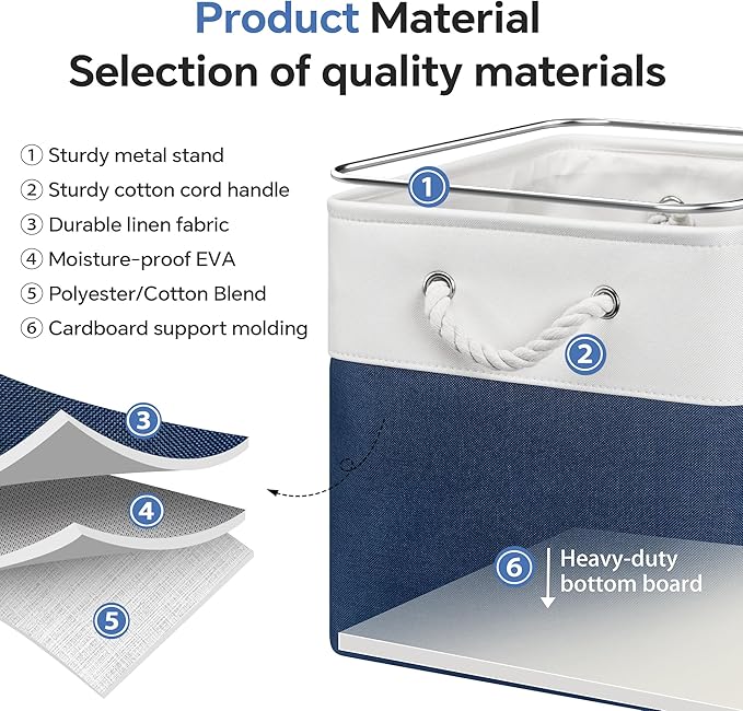 ECDYQXVU 13x13 Inch Cube Storage Bins with Reinforced Bottom Cardboard, 6 Pack Large Foldable Fabric Storage Cubes with Handles for Shelf, Closet, Laundry Organization (White&Navy Blue)