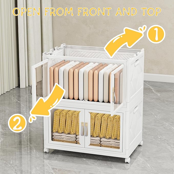 UAMFURI Stackable Storage Bins with Doors & Lids & Wheels, Foldable Collapsible Closet Organizers, Large Storage Cabinet for Bedroom Dorm (6, L)
