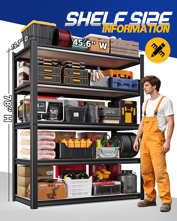 Set of 2 Storage Shelves, 5-Tier Garage Shelving Heavy Duty, Home Storage Rack, Utility Metal Shelf, Adjustable Shelving Unit, for Dorm, Basement, Kitchen,19.7" D x 45.6" W x 78" H, Black