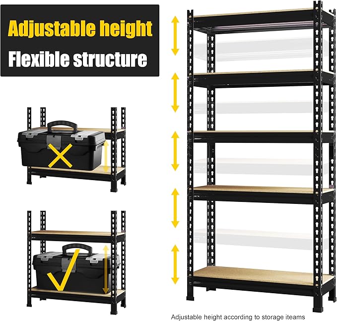 PrimeZone Storage Shelves 5 Pack 5 Tier Adjustable Garage Storage Shelving, Heavy Duty Metal Storage Utility Rack Organizer Shelf Unit for Warehouse Pantry Closet Kitchen Basement, Black