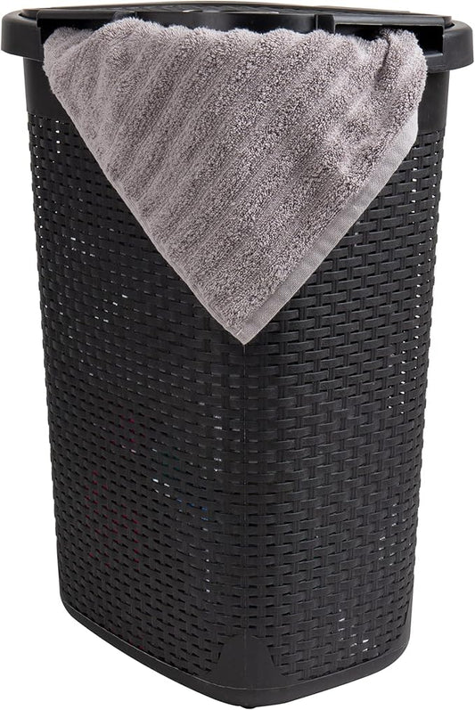 Mind Reader 60L Slim Laundry Hamper, Clothes Basket, Lid, Wicker Design, Plastic, 17.65"L x 13.75"W x 24.15"H, Black