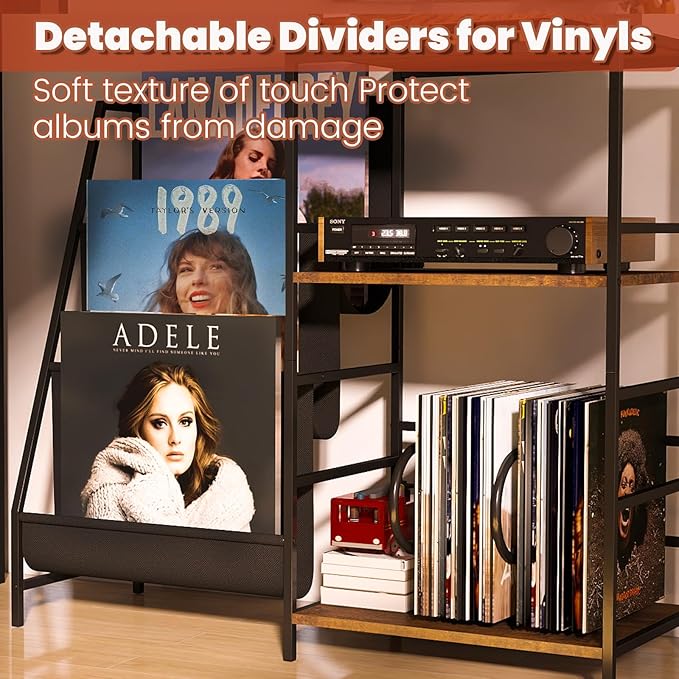 Record Player Stand With Vinyl Storage, 3-Tier Turntable Record Stand Holder, Vinyl Records Storage Shelf Holds Up to 300 Albums, Modern Vintage Black Record Player Table for Living Room