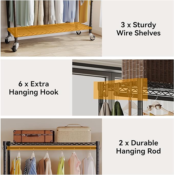 Higeego Rolling Clothing Rack for Hanging Clothes Heavy Duty Garment Rack with Wheels Metal Adjustable Shelves & Double Hanging Rods H2 Portable Closet for Bedroom, Black Coat Rack