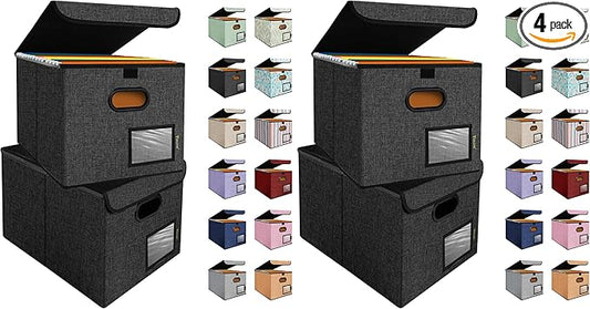 BALEINE File Organizer Box with Lid, Collapsible File Folder Organizer with Plastic Slide, Hanging File Folder Box for Office Document Storage (4 Pack, Black)