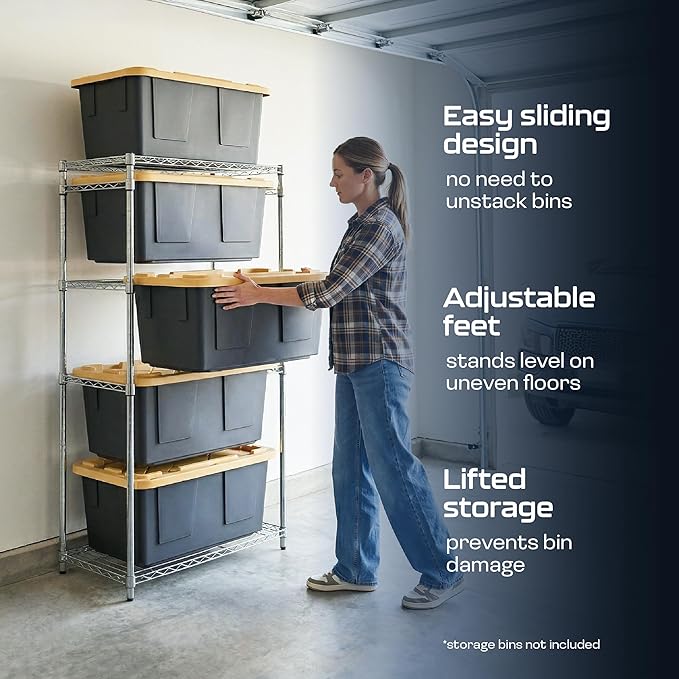 MonsterRAX 5-Tier Side-Load Heavy Duty Garage Slide Bin Storage Rack for 27-Gallon Totes. Industrial metal organization, 250lb capacity, NSF Certified. (Bins not included) (Black) (Silver)