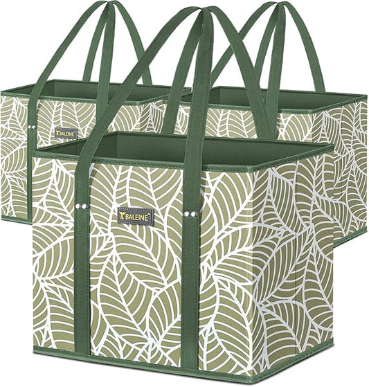 BALEINE 3Pk Reusable Grocery Bags, Foldable Shopping Bags for Groceries with Reinforced Bottom & Handles (Antique Foliage)