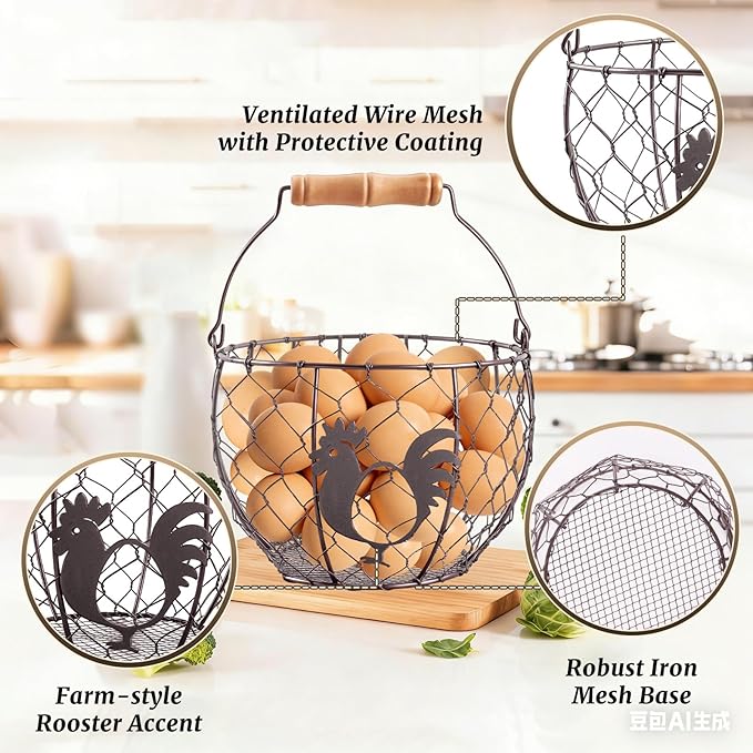 Consevisen Egg Basket for Gathering Fresh Chicken Eggs, 2 Pack, Metal Wire Basket with Wooden Handle, Collecting and Storage Holder for Kitchen Countertop with Vintage Farmhouse Rooster Decor, Round