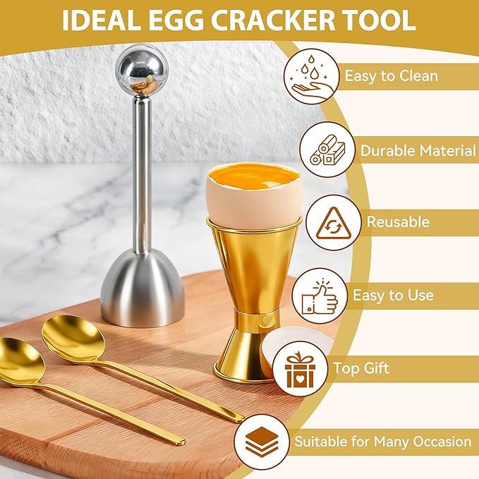 Egg Cups For Soft Boiled Eggs Set Of 5 - Includes 1 Stainless Steel Egg Cutter & 2 Egg Spoons & 2 Soft Boiled Egg Holder, Effortless & Precise Cracking - For Breakfast, Afternoon Tea, Parties