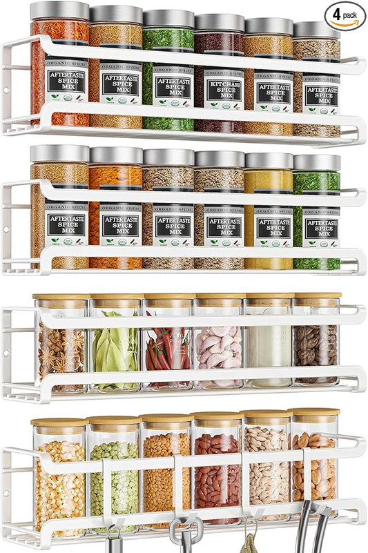 Bunoxea Spice Rack wall mounted 4 Pack, Space-Saving Spice Organizer for Spice Jars and Seasonings,Screw or Adhesive Hanging Spice Rack Organizer for Your Kitchen Cabinet,or Pantry Door,White