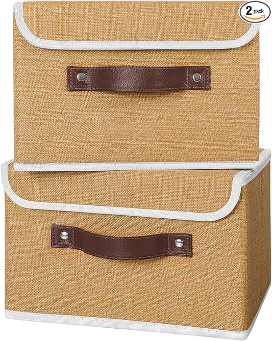 ANMINY 2PCS Storage Bins with Lid PU Leather Handles Storage Boxes PP Plastic Board Decorative Foldable Lidded Cotton Linen Fabric Home Cubes Baskets Closet Organizer Containers - Khaki, Small Size