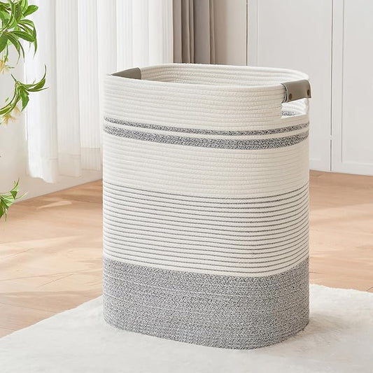 AINUOQI Laundry Basket with Handles - Blanket Basket & Hampers for Bedroom Aesthetic, Laundry Hamper & Blanket Storage for Living Room, Clothes Hamper, Tall, Large 17" x 14" x 22”, Grey & White