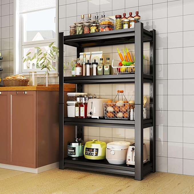 4 Tier Storage Shelves Small Shelves Metal Shelf Organizer Unit Adjustable Steel Shelving for Shop, Warehouse, Basement, Kitchen, Bedroom, Garage, Black, 34" W X 12" L X 54" H