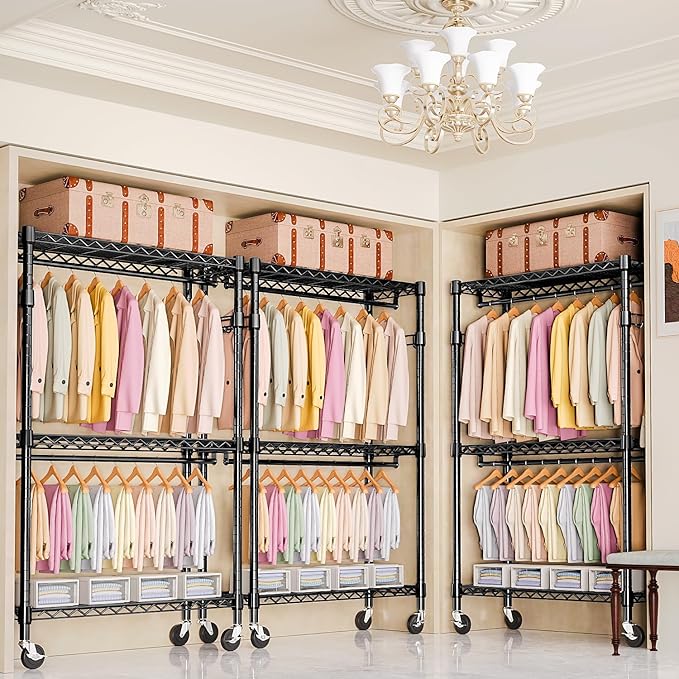 M MZG Heavy Duty Rolling Garment Rack 3 Tiers Adjustable Wire Shelving Clothes Rack with 2 Rods and Side Hooks, Storage Closet Clothing Rack with Wheels Black 17.7" D x 47.2" W x 83.6" H