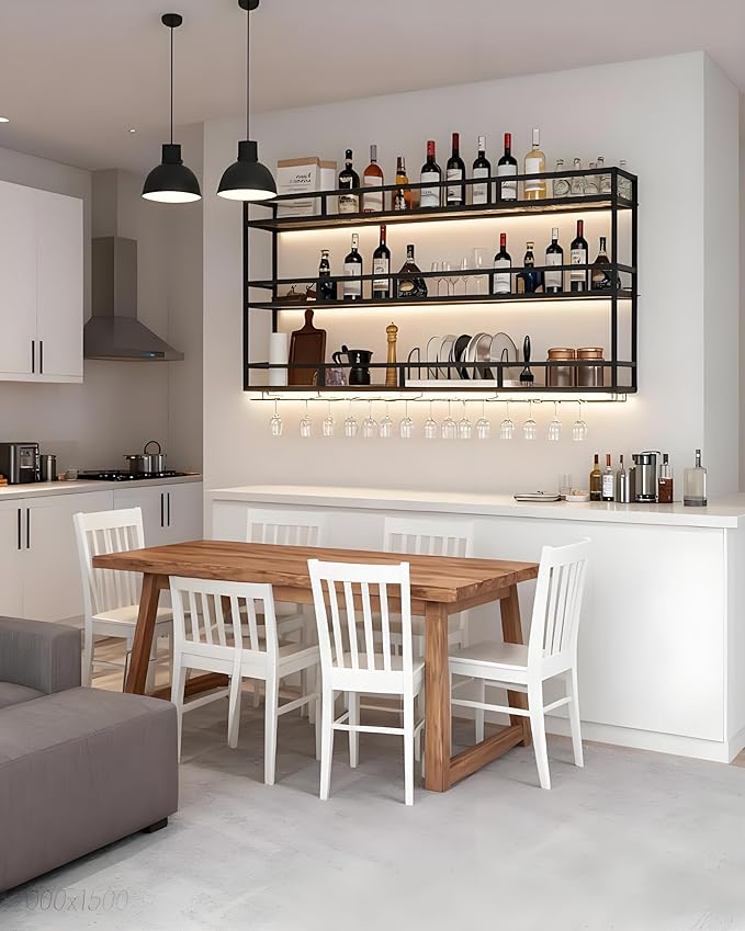 59" Large Wine Rack Wall Mounted with Bottle Glass Holder, 3-Tiers Metal Bar Shelves for Liquor Bottles with LED Light, Wall Wine Rack for Home, Restaurant, Commercial Bar, Kitchen Storage Display