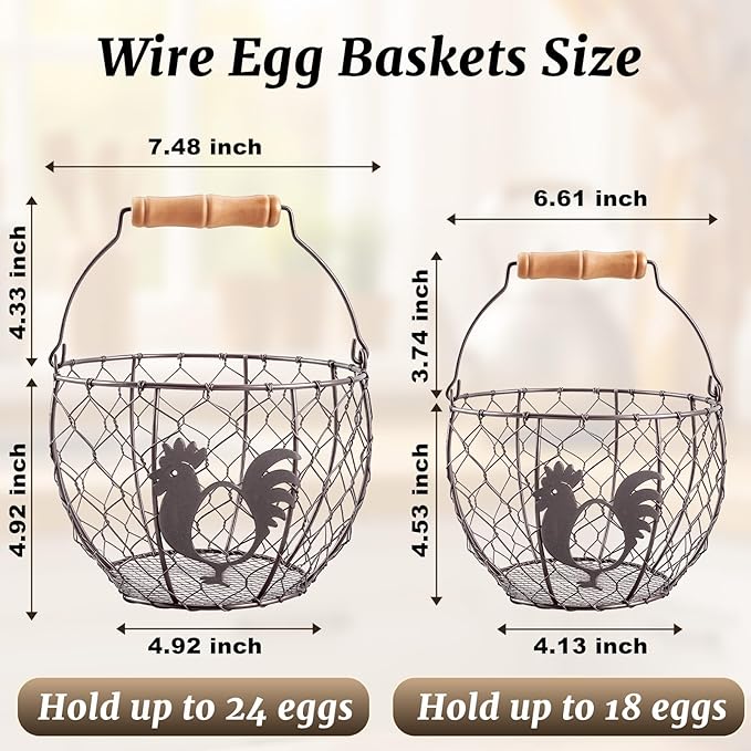 Consevisen Egg Basket for Gathering Fresh Chicken Eggs, 2 Pack, Metal Wire Basket with Wooden Handle, Collecting and Storage Holder for Kitchen Countertop with Vintage Farmhouse Rooster Decor, Round