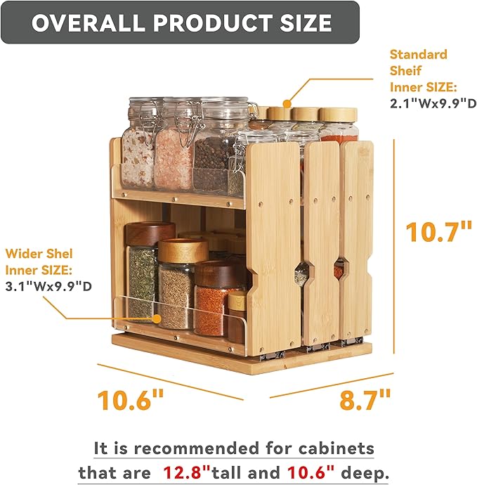 Bamboo Pull Out Spice Rack Organizer for Cabinet, 3 Slide-Out Drawers(2"&3") with Wide Drawer for Large Bottles, Kitchen Pantry Heavy-Duty Sliding Vertical Organization, 8.6"W,2-Tier,No Drill,Natural