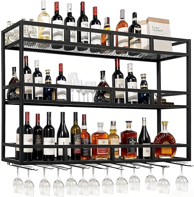 59" Large Wine Rack Wall Mounted with Bottle Glass Holder, 3-Tiers Metal Bar Shelves for Liquor Bottles with LED Light, Wall Wine Rack for Home, Restaurant, Commercial Bar, Kitchen Storage Display