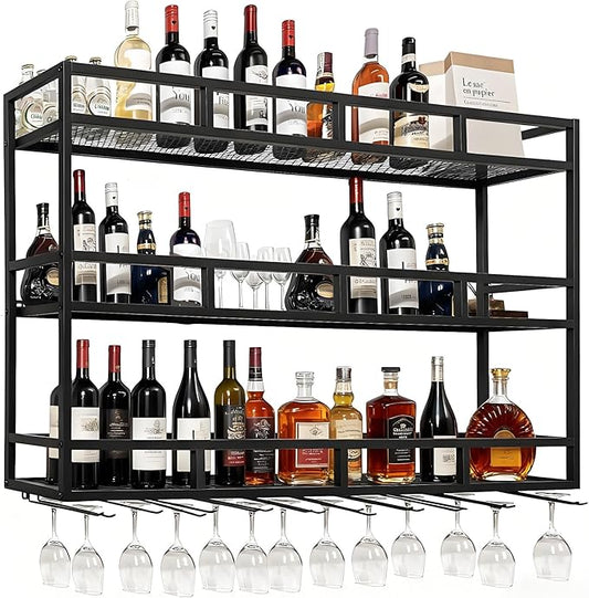 59" Large Wine Rack Wall Mounted with Bottle Glass Holder, 3-Tiers Metal Bar Shelves for Liquor Bottles with LED Light, Wall Wine Rack for Home, Restaurant, Commercial Bar, Kitchen Storage Display