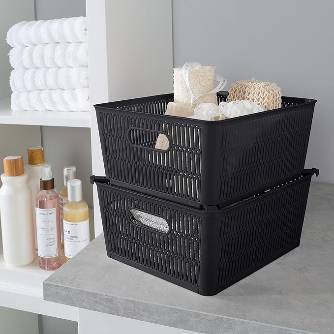 Simplify 4Pk Large Slide 2 Stack It Tote Basket | Storage & Organization | Open Bins with Stackable Capability | Bathroom | Crafts | Pantry | Playroom | Office | Black (KIT-25930-BLK-4PK)