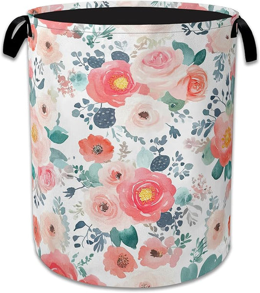Pink Flowers Laundry Basket,Foldable Waterproof Oxford Cloth Tote Bag Cactus Laundry Hamper with Handles,20.8"x16" Clothes Storage Bucket Organizer for Laundry Room, Bathroom, Bedroom