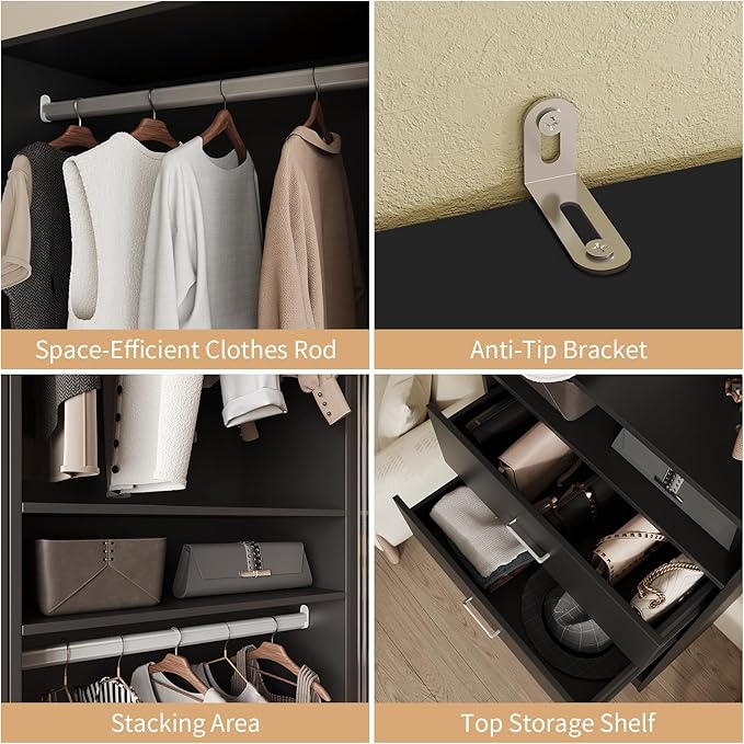 VOWNER 50'' Freestanding Closet System with Drawers & Hanging Rod, Wood Closet Organizer System, Walk-in Closet Shelving Unit, Clothes Garment Rack, Armoire Wardrobe Closet Bedroom Entryway