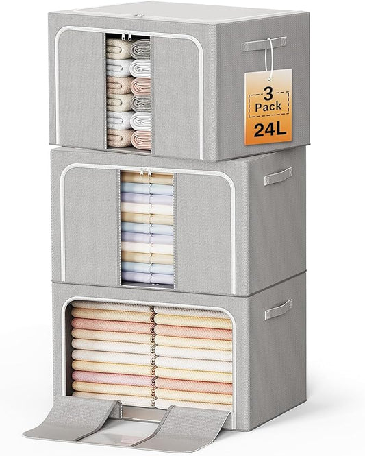 Clothes Storage Bins with Metal Frame Foldable Storage Box Clothes Organizers Storage Containers for Clothes Sheets Blankets Books Toys Gifts and Holiday Decorations (24Lx3 Pack)