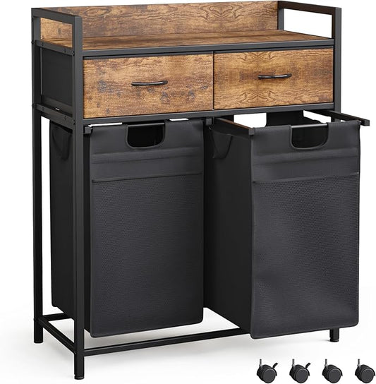 Mondeer Laundry Sorter with 2 Drawers, 100L with Pull-Out Removable Laundry Bags, Laundry Hamper Baskets with 2 Section and Wheels, Rustic Brown and Black