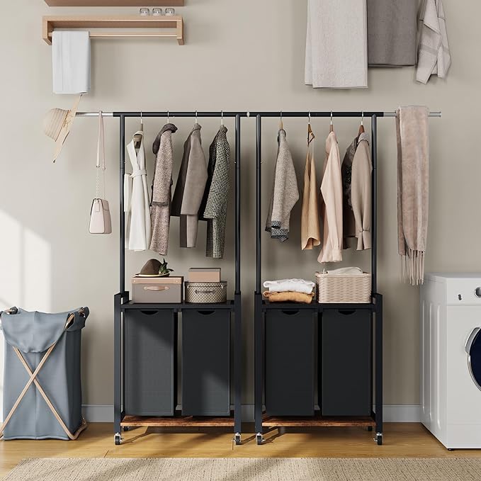 GarveeHome 2-Section Rolling Laundry Cart with Hanging Rack & Utility Shelf | Laundry Sorter Hamper with Lockable Wheels | Laundry Basket Organizer for Bedroom, Bathroom, Laundry Room | Black