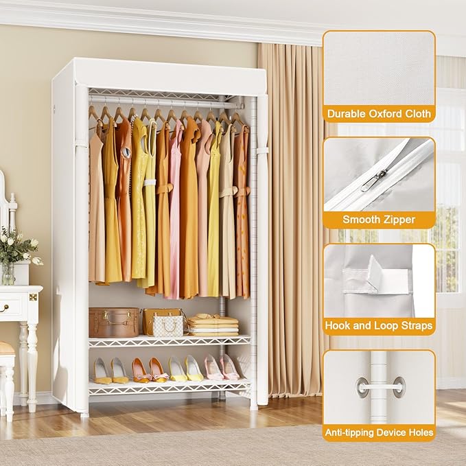 ULIFHOME H5C Clothes Rack with Cover, Portable Closet for Hanging Clothes, Covered Clothing Racks Heavy Duty, Freestanding Garment Racks with Shelves Max Load 360LBS White Closet Rack with White Cover