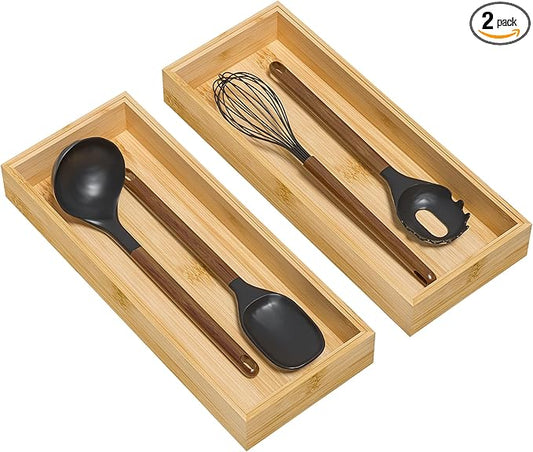Lixple Bamboo Kitchen Drawer Organizer, Stackable Utensil Holder Silverware Organizer Cutlery Tray - 2PCS Organizer Bins for Makeup Jewelries Flatware in Bathroom, Office Desk, Cabinets, 15x6x2 inch