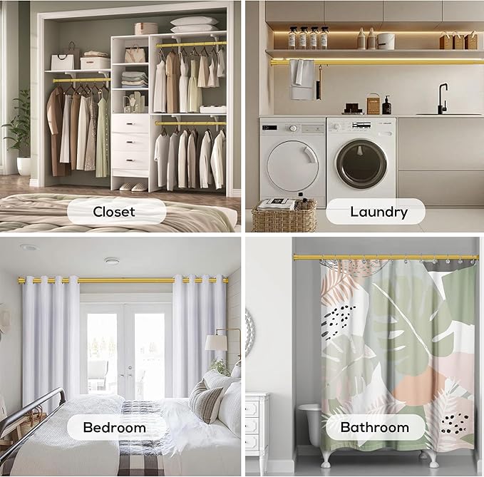 1.3 Inch Diameter Closet Rods for Hanging Clothes 17-100 Inch Adjustable, Metal Heavy Duty Closet Pole, Gold Closet Bar for Hanging Clothes, Suitable for Closet, Wardrobes, Bathroom, Windows