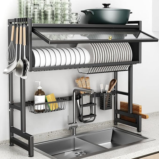Over The Sink Dish Drainer Drying Rack 3 Tiers with Cover, Keep Kitchen Sink Shlef Organized Space-Saving Dish Drying Rack, Large Stainless Steel Sink Dish Rack for Dishes, Bowls, Cutlery (37.4"w)
