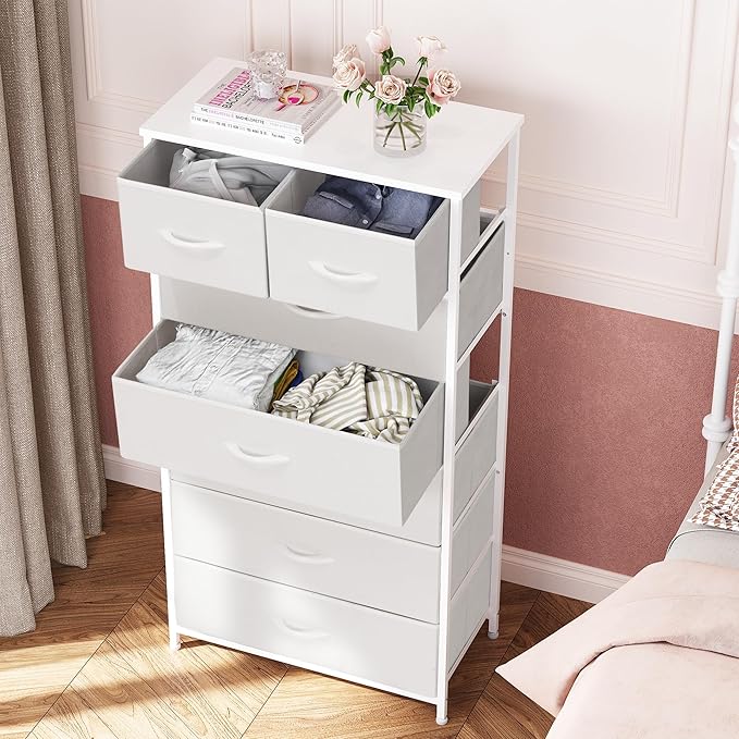 Crestlive Products Vertical Dresser Storage Tower - Sturdy Steel Frame, Wood Top, Easy Pull Fabric Bins, Handles - Organizer Unit for Bedroom, Hallway, Entryway, Closets - 7 Drawers (White)