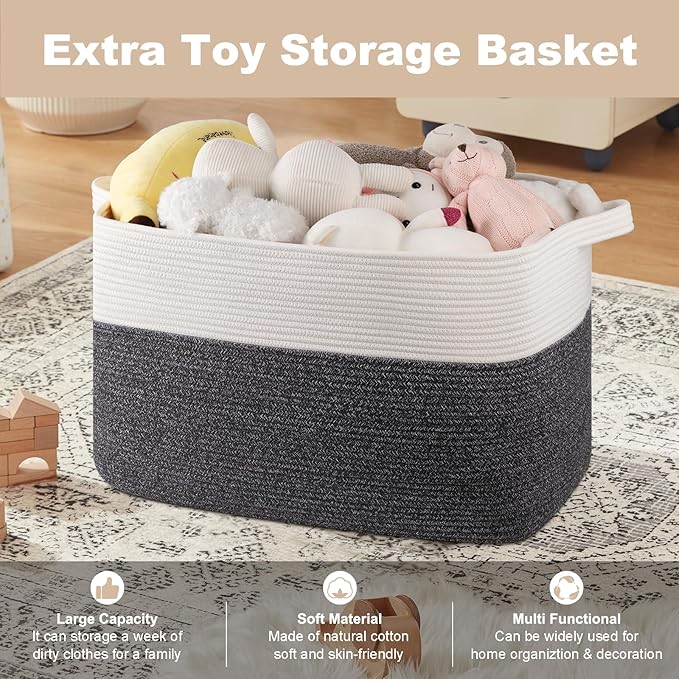 OIASKET XXXL Supre Large Blanket Basket for Clothes, Towels, Pillows, 108L Cotton Rope Storage Basket for Living Room, Supre Large Woven Toy Storage for Kids, 25" x 16" x 16", Dark Grey and White