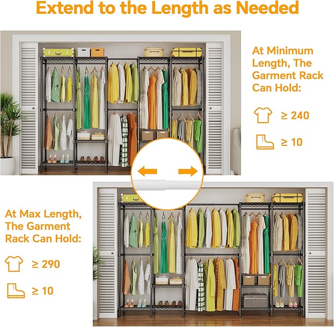 Higeego H5 Pro Heavy Duty Garment Rack, Freestanding Clothes Rack, Wardrobe Closet for Hanging Clothes, Portable Closet Organizer with Expandable Hanger Rods, (97.7-115.4")L x 15.7"W x 75.4"H, Black