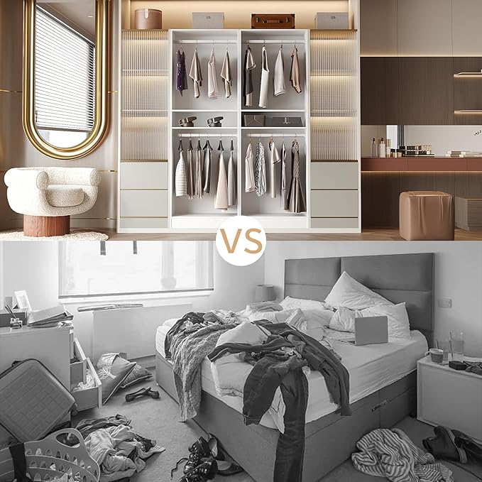 VOWNER 50'' Freestanding Closet System with Shelves, Wood Closet Organizer System with Hanging Rods, Walk-in Closet Tower, Clothes Garment Rack, Wardrobe Closet for Bedroom Entryway